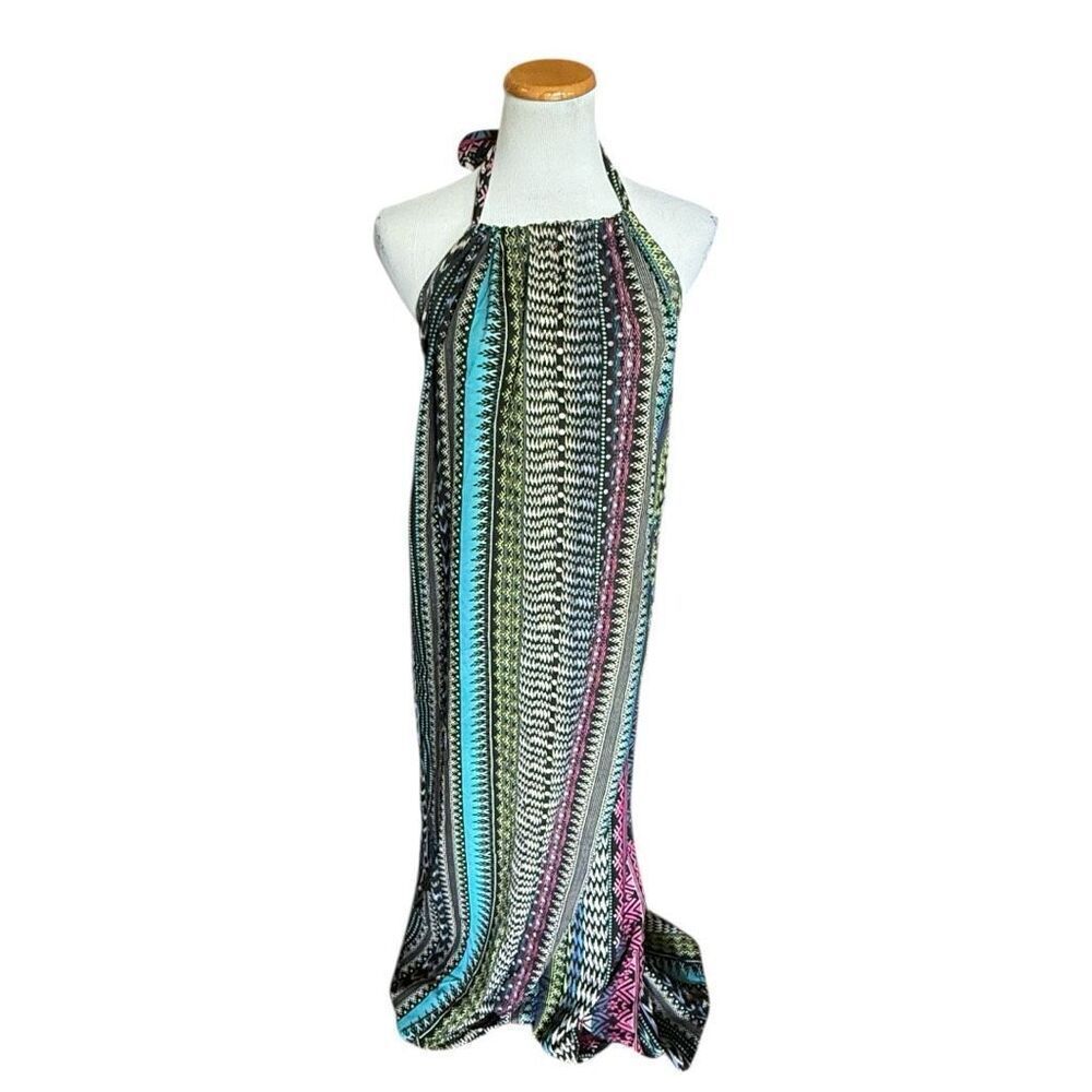 Womens Elan Aztec Tribal Sateen Halter Neck Stunning Maxi Dress - Sz S